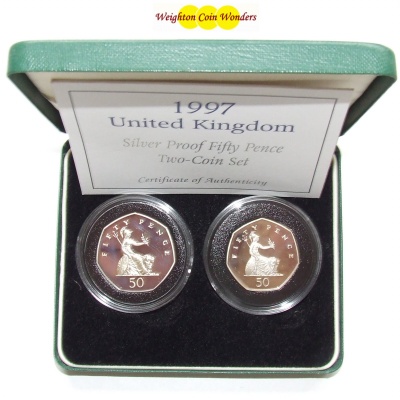 1997 Silver Proof Fifty Pence Two Coin Set - Click Image to Close
